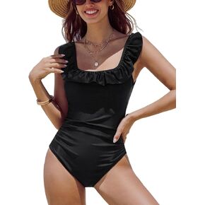 CUPSHE Women's One Piece Swimsuit Ruffle Square Neck Ruched Bathing Suit Wide Adjustable Straps