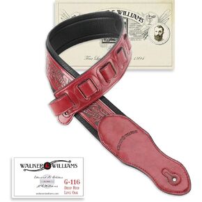 Walker & Williams G-116 Dark Red Strap with Live Oak Tooling & Padded Glove Leather Back For Acoustic, Electric, And Bass Guitars