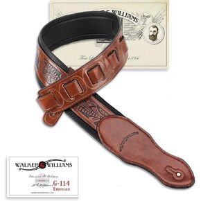 حزام Walker & Williams G-114 بني كستنائي مع أدوات منقوشة من خشب البلوط الحي وظهر مبطن للقيثارات الصوتية والكهربائية والباس