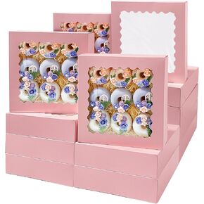 Bakepacker 36pcs Pink Pie Boxes 10x10x2.5 inches Easy Assemble Macaroon Cookie Boxes Bakery Boxes with Window for Bakery (Auto-pop Up)