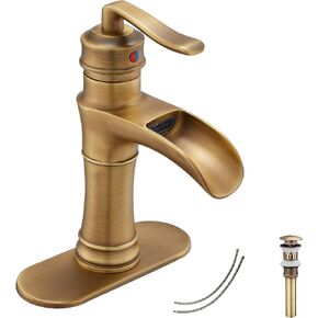 Waterfall Bathroom Faucet Antique Brass GGStudy Single Handle One Hole Farmhouse Bathroom Vanity Faucet Basin Mixter Tap Deck Mount with Drain Assembly