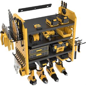 SUPERDANNY Power Tool Organizer Wall Mount, Adjustable 4-Tier 4 Drill Storage Shelf Garage Organization, Cordless Drill Hanger Tool Battery Holder Storage Rack Heavy Duty Rack Gifts for Men Christmas