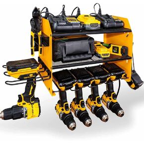Power Tool Organizer with 6 Drill Holders – 8 Integrated Charging Outlets - Heavy Duty Wall Mounted Storage Rack for Drills, Cordless Tools, and Accessories – Multiple Hooks - Spacious Design