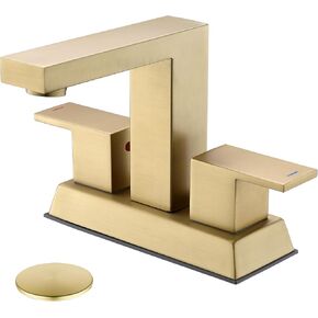 Tohlar Brushed Gold 2 Handle 4 Inch Centerset Bathroom Faucet with Pop Up Drain and 2 Lead-Free Hoses