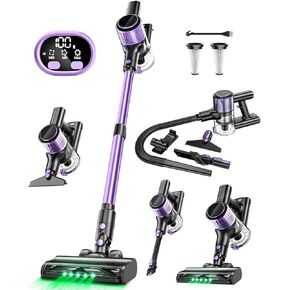 Cordless Vacuum Cleaner, 10-in-1 Stick Vacuum with Powerful Suction, Hose, Anti-Tangle Brush, Green LED Light, Lightweight Rechargeable Vacuum Cleaner for Home, Hardwood Floors, Carpets, Pet Hair