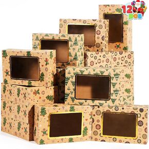 JOYIN 24 PCS Foiled Christmas Cookie Boxes with Window 8.75" x 5.75" x 2.75", Treat Boxes for Doughnut and Cookie, Brown Kraft Bakery Boxes, Xmas Cookie Gift Baking Box for Pastries, Cupcakes