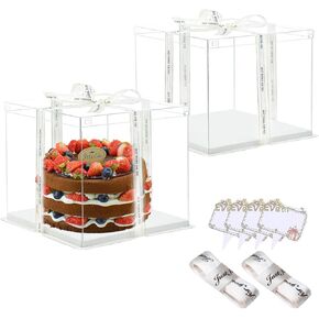 Clear Cake Box, 2 Pcs Transparent Cake Carrier Box with Lids, 10'' PET Cake Packaging Boxes with Ribbon Gift Card for Pastries, Clear Gift Boxes for Birthday, Wedding and Festival Party, White.