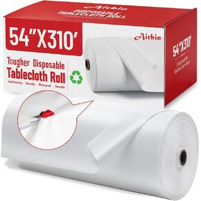 Plastic Table Cloth, 310 Ft X 54 in Disposable Tablecloth White Plastic Tablecloth with Any Cut Sliding Cutters Premium Plastic Table Cover Roll for Picnics, Parties, Birthdays, Weddings