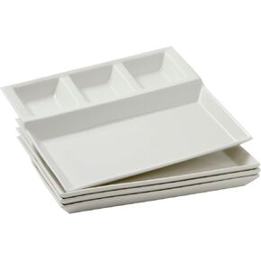Juvale 4 Pack White Ceramic Divided Plates with Sauce Compartments – Fondue Plates for Appetizers, Dumplings, Fondue (10.25x8.6 Inch)