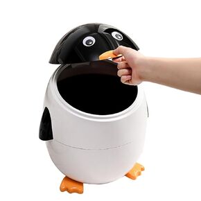 Cartoon Penguin Plastic Trash Can with Lid Bedroom Large Capacity Wastebasket Storage Container for Home Kitchen Dressing Office Kids Bedroom