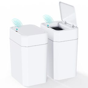 CEROELDA 2 Pack Bathroom Trash Can with Lid, 2.6 Gallon Small Automatic Touchless Trash Can, Smart Motion Sensor Garbage Can, Slim Waterproof Plastic Trash Bins for Bedroom Office Toilet, White