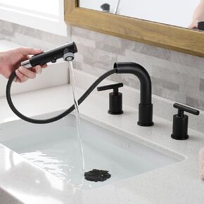 Black Bathroom Sink Faucet with Pull Out Sprayer, 8 inch Widespread Bathroom Faucet 3 Hole with Pull Down Sprayer, Tri-Mode 2 Handle Vanity Faucet with Metal Pop-up Drain Stopper&Water Supply Hose