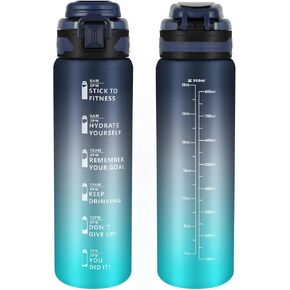 32 oz Water Bottle with Straw & Time Marker, Reusable Plastic Leak Proof Water Bottle for Travel Sports Gym Hiking