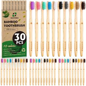 30PCS Biodegradable Bamboo Toothbrushes, BPA Free Soft Toothbrushes for Adults and Kids, Soft Bristles Toothbrushes, Eco-Friendly Natural Wooden Toothbrush Bulk, Box of Two Reusable Travel Toothbrush