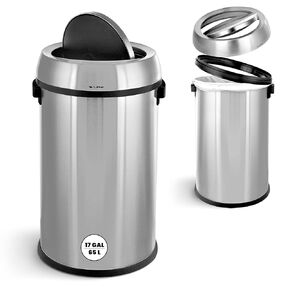 Alpine 17 Gallon Swing Top Trash Can with Odor Control - Heavy Duty Large 65 Liter Round Stainless Steel Trash Can with Swing Lid for Kitchen, Office, Gym, Lobby for Commercial & Residential Use