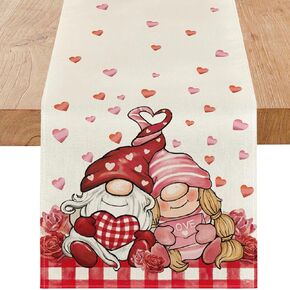 Niviy Valentine's Day Gnome Table Runner 13 x 72 Inch, Plaid Stripes Farmhouse Dining Table Decor, Seasonal Anniversary Kitchen Dining Table Decoration for Indoor Home Party