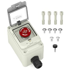 Joinfworld Estop Button with Box Waterproof 8A 250V Emergency Stop Switch Box 1NO 1NC Emergency Shut Off Button with Fixable Clear Cover