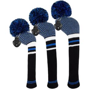 Scott Edward Scottish Style Golf Club Cover with a Pom Pom Set of 3 Fits Well Driver(460cc) Fairway Wood and Hybrid(UT) with Rotating Club Number Tags for Male/Female Golfers (Blue White Black)
