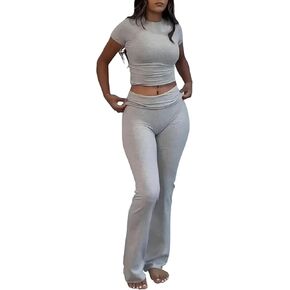 Women's 2 Piece Lounge Sets Short Sleeve Cropped Top Sets Fold-over Flare Pants Casual Outfits Pajamas