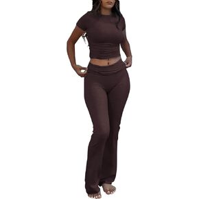 Women's 2 Piece Lounge Sets Short Sleeve Cropped Top Sets Fold-over Flare Pants Casual Outfits Pajamas