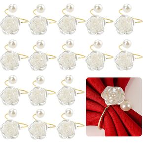 16Pcs Pearl Napkin Rings, Rose Flower Napkin Buckles,Gold Napkin Rings Holders Metal Serviette Buckles for Wedding Dinner Party Kitchen Table Setting Birthday Christmas Decorations