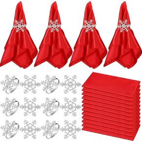 Nitial Christmas Napkin and Rings Set of 24 Silver Snowflake Napkin Rings Set of 12 Washable Red Napkins Cloth Set of 12 for Table Decoration Christmas Xmas Wedding Birthday Party Events