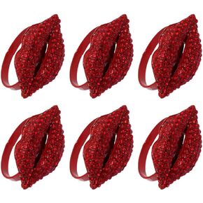 Garneck 6Pcs Valentines Day Napkin Buckles Red Lips Napkin Rings Holder Set Rhinestone Glitter Red Lips Napkin Buckles for Valentine's Day Weddings Parties
