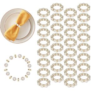 Eunika 100Pcs Wedding Gold Disposable Napkin Rings Imitation Pearl Ring Napkin Holder Delicate Elastic Stretched Beaded Serviette Buckles for Party Table Decor Banquet Housewarming Birthday Supplies