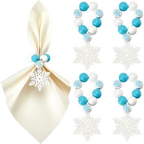 SUNNYCLUE 6 Sets Wooden Napkin Ring Christmas Napkin Ring Winter Napkin Holder Rings Snowflake Blue White Wood Beads Wooden Bead Napkin Rings for Christmas Holiday Party Dinner Table Decoration