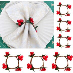 Christmas Napkin Rings Set of 6 Handmade with Red Berry for Table Setting, Cloth Napkin Holders with Artificial Green Leaves, Dining Table Decor for Christmas Thanksgiving Holiday Party