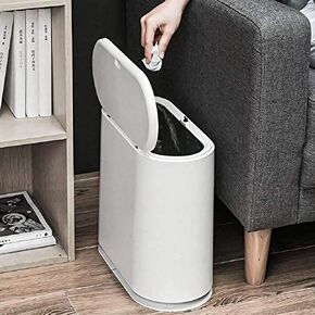 AIFUSI Trash Can, 10 Liter / 2.4 Gallon Plastic Slim Garbage Container Bin with Press Top Lid, White Waste Basket for Kitchen, Bathroom, Living Room, Office, Narrow Place(Ivory White