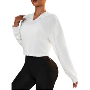 MakeMeChic Women's Hooded Sports Jacket Drawstring Hem Zip Up Long Sleeve Cropped Athletic Outerwear