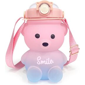 Cute Bear Water Bottle: 32oz Kawaii Kids Water Bottles with Strap and Straw - Leak-proof Plastic Drinking Cups for Girls Women School Sports Camping Picnic Hiking Travel (Pink-blue)