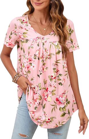ENMAIN Womens Tunic Tops Short Sleeve Dressy Plus Size Blouse Swing Summer Casual V Neck Loose Top to Wear with Leggings in Kuwait