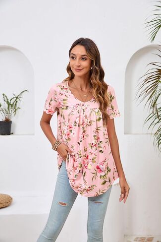ENMAIN Womens Tunic Tops Short Sleeve Dressy Plus Size Blouse Swing Summer Casual V Neck Loose Top to Wear with Leggings in Kuwait