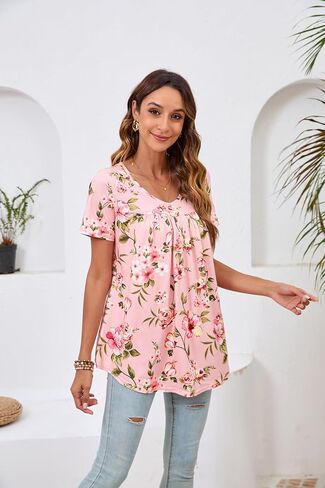 ENMAIN Womens Tunic Tops Short Sleeve Dressy Plus Size Blouse Swing Summer Casual V Neck Loose Top to Wear with Leggings in Kuwait