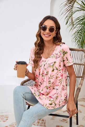 ENMAIN Womens Tunic Tops Short Sleeve Dressy Plus Size Blouse Swing Summer Casual V Neck Loose Top to Wear with Leggings in Kuwait