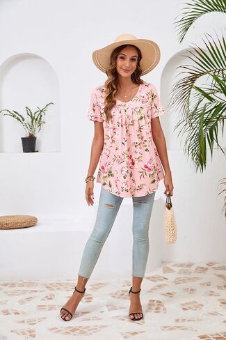 ENMAIN Womens Tunic Tops Short Sleeve Dressy Plus Size Blouse Swing Summer Casual V Neck Loose Top to Wear with Leggings in Kuwait