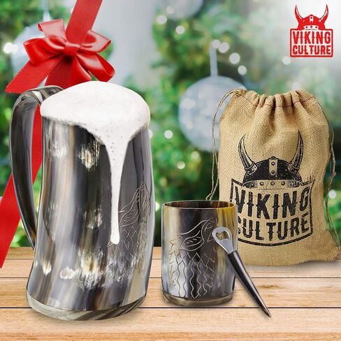 Ox Horn Mug, Shot Glass, and Bottle Opener (3 Pc Set) Authentic 16-oz. Ale, Mead, and Beer Tankard | Vintage Stein with Handle | Custom Intricate Design - Polished Finish | Wolf/Fenrir in Saudi Arabia