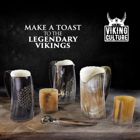 Ox Horn Mug, Shot Glass, and Bottle Opener (3 Pc Set) Authentic 16-oz. Ale, Mead, and Beer Tankard | Vintage Stein with Handle | Custom Intricate Design - Polished Finish | Wolf/Fenrir in Saudi Arabia