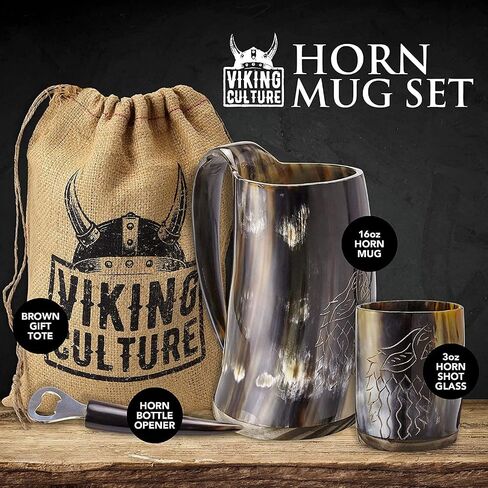 Ox Horn Mug, Shot Glass, and Bottle Opener (3 Pc Set) Authentic 16-oz. Ale, Mead, and Beer Tankard | Vintage Stein with Handle | Custom Intricate Design - Polished Finish | Wolf/Fenrir in Saudi Arabia