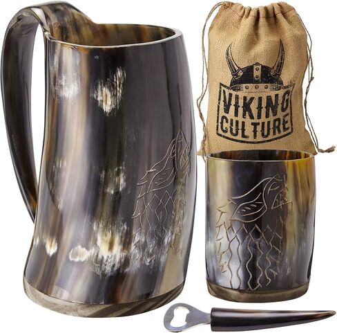 Ox Horn Mug, Shot Glass, and Bottle Opener (3 Pc Set) Authentic 16-oz. Ale, Mead, and Beer Tankard | Vintage Stein with Handle | Custom Intricate Design - Polished Finish | Wolf/Fenrir in Saudi Arabia