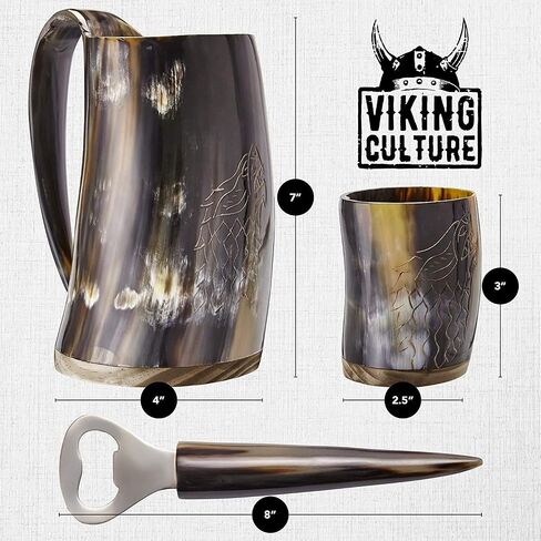 Ox Horn Mug, Shot Glass, and Bottle Opener (3 Pc Set) Authentic 16-oz. Ale, Mead, and Beer Tankard | Vintage Stein with Handle | Custom Intricate Design - Polished Finish | Wolf/Fenrir in Saudi Arabia