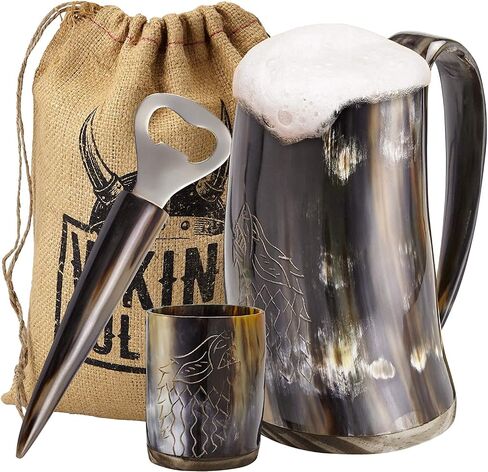 Ox Horn Mug, Shot Glass, and Bottle Opener (3 Pc Set) Authentic 16-oz. Ale, Mead, and Beer Tankard | Vintage Stein with Handle | Custom Intricate Design - Polished Finish | Wolf/Fenrir in Saudi Arabia