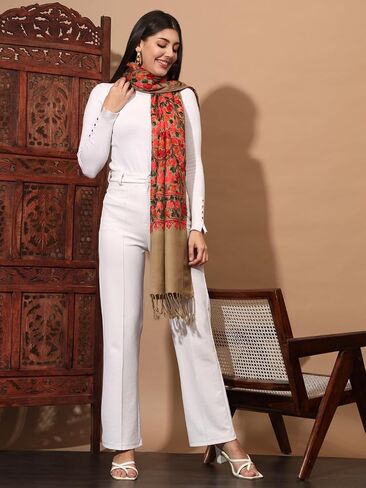 Zamour Kashmiri Embroidery Indian Shawl Stole Scarf Wrap for Wedding Parties Bridesmaid Prom (28 inch x 80 inch) in Kuwait