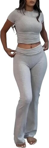 Women's 2 Piece Lounge Sets Short Sleeve Cropped Top Sets Fold-over Flare Pants Casual Outfits Pajamas in Saudi Arabia