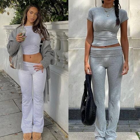 Women's 2 Piece Lounge Sets Short Sleeve Cropped Top Sets Fold-over Flare Pants Casual Outfits Pajamas in Saudi Arabia