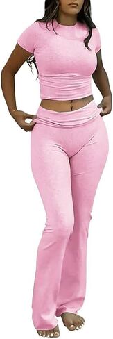 Women's 2 Piece Lounge Sets Short Sleeve Cropped Top Sets Fold-over Flare Pants Casual Outfits Pajamas in Saudi Arabia
