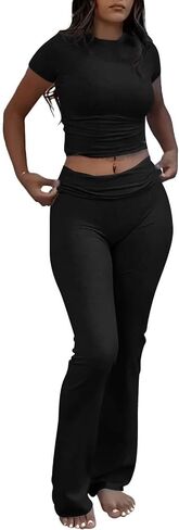 Women's 2 Piece Lounge Sets Short Sleeve Cropped Top Sets Fold-over Flare Pants Casual Outfits Pajamas in Saudi Arabia