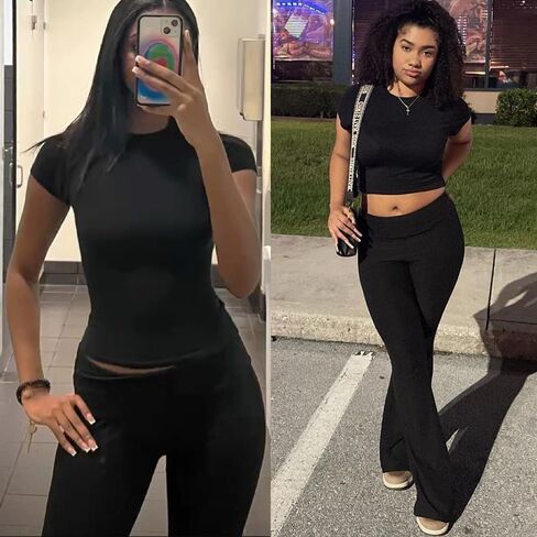 Women's 2 Piece Lounge Sets Short Sleeve Cropped Top Sets Fold-over Flare Pants Casual Outfits Pajamas in Saudi Arabia
